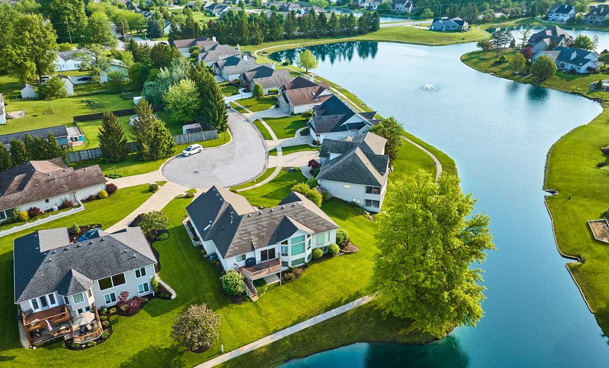 Drone photo of a neighborhood with waterways