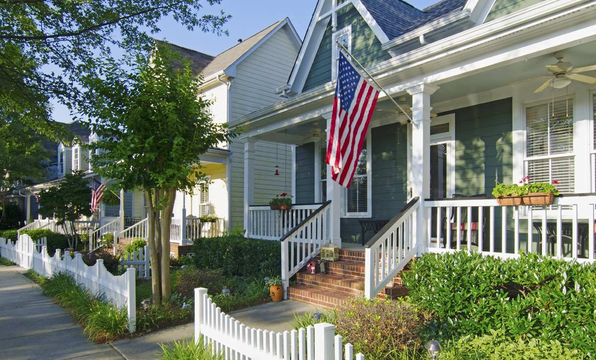 Patriotic Neighborhood with American Flags