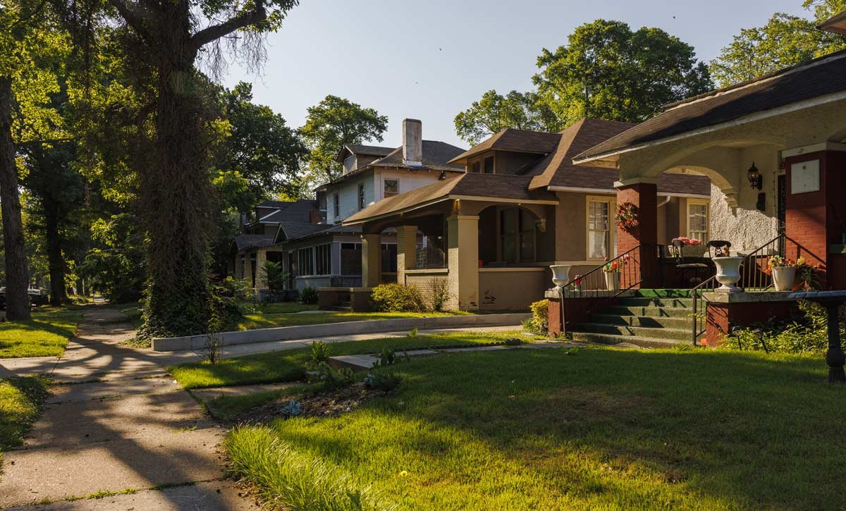Detached houses decorated with flowers in Crosstown District of Memphis, TN